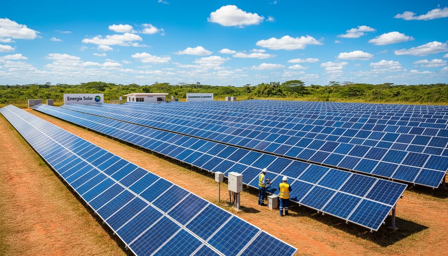 Aerial view of solar panel installation surrounded by tropical Brazilian vegetation