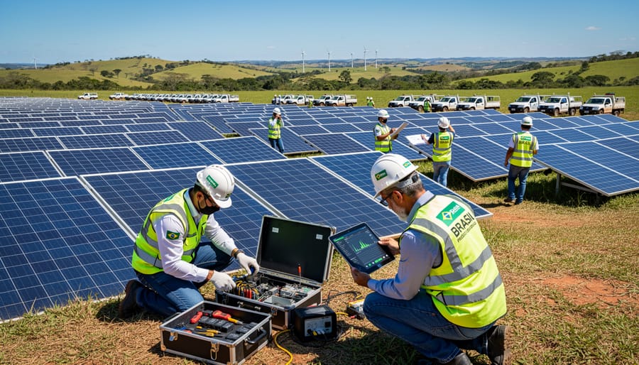 Solar technician installing photovoltaic panels on rooftop in Brazil