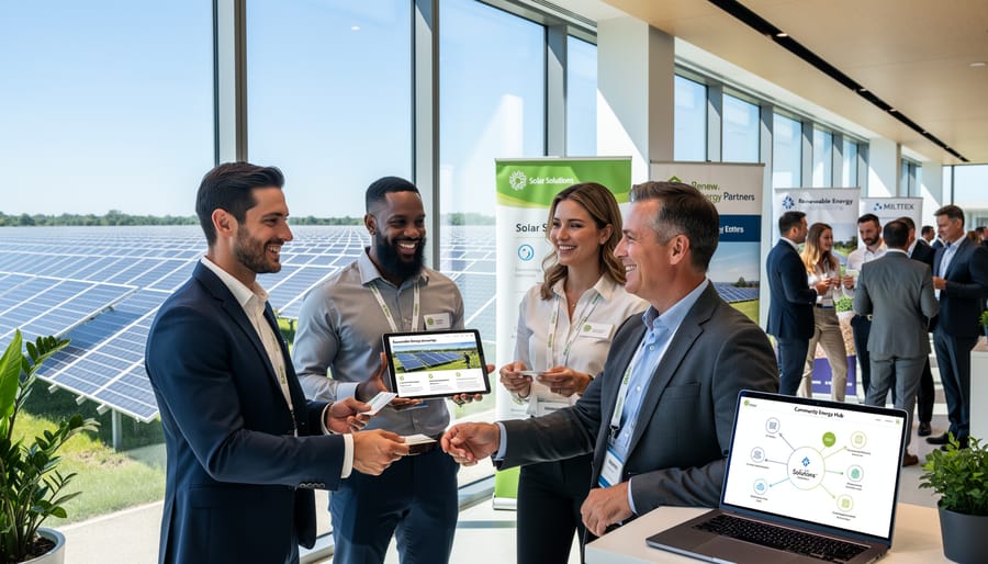 Solar professionals collaborating on residential installation project with solar panels on rooftop