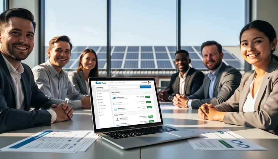 Business handshake with solar panels in background representing partnership and trust