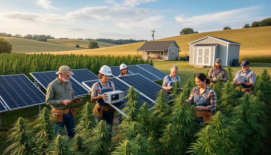 Community members and researchers near a rural hemp and solar energy facility