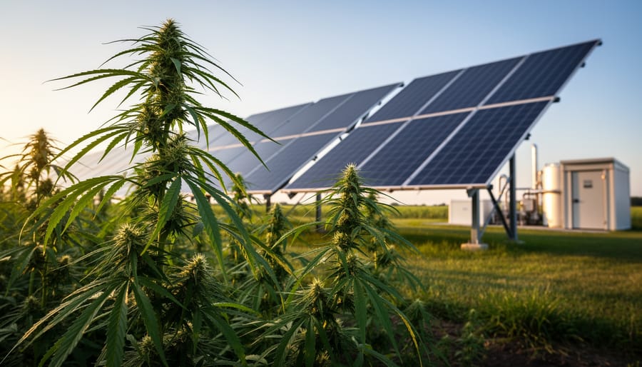 “Industrial hemp plants growing in the foreground with solar photovoltaic panels in the background, suggesting a combined renewable energy and bioenergy approach.”