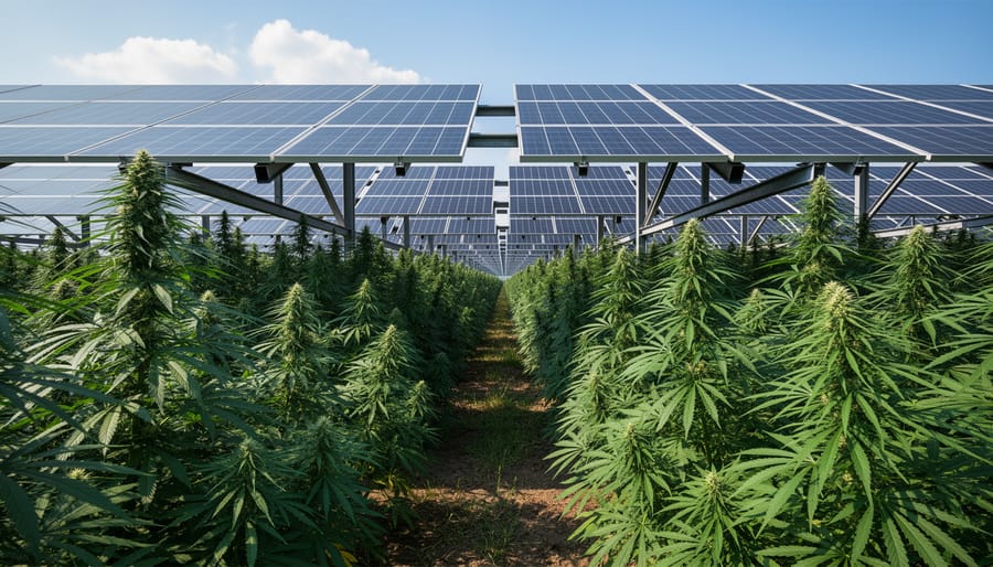 Hemp plants growing beside solar panels in an agrivoltaic-style field