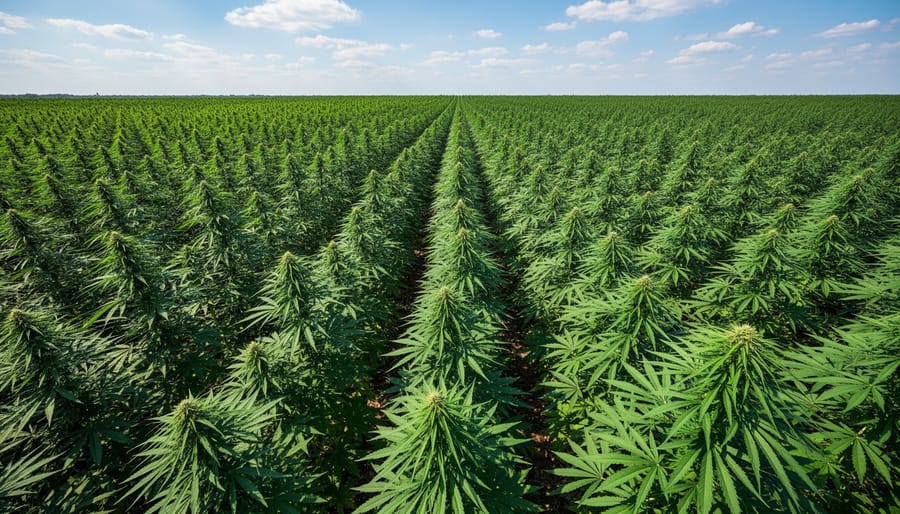 Industrial hemp field with dense green stalks under natural daylight