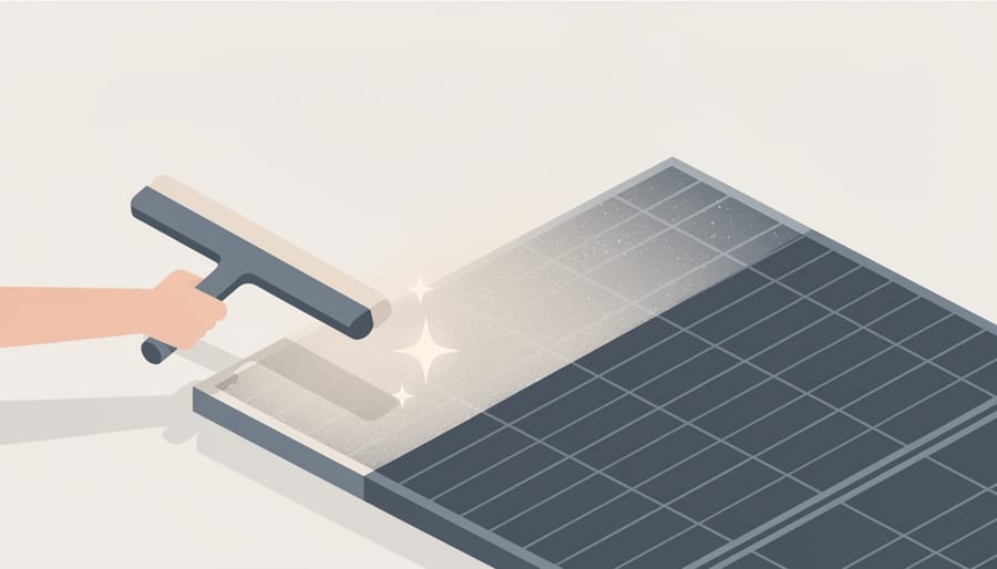 Microfiber cloth cleaning a solar panel surface with visible water droplets and reflections