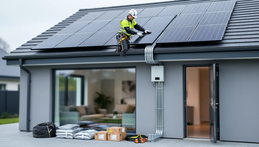 Gloved technician inspecting rooftop solar panels during estate clearance, with safe roof access and tidy property surroundings visible.