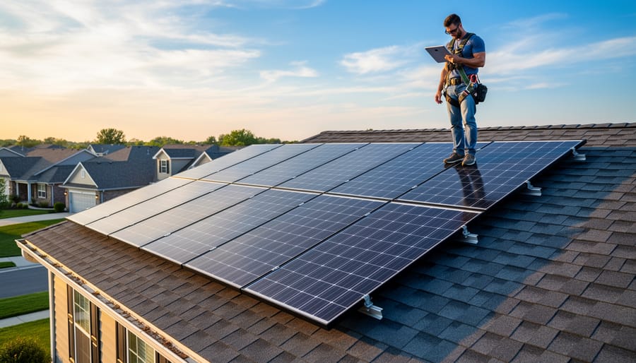 Solar panels on a home roof with clear access paths and clean panel surfaces