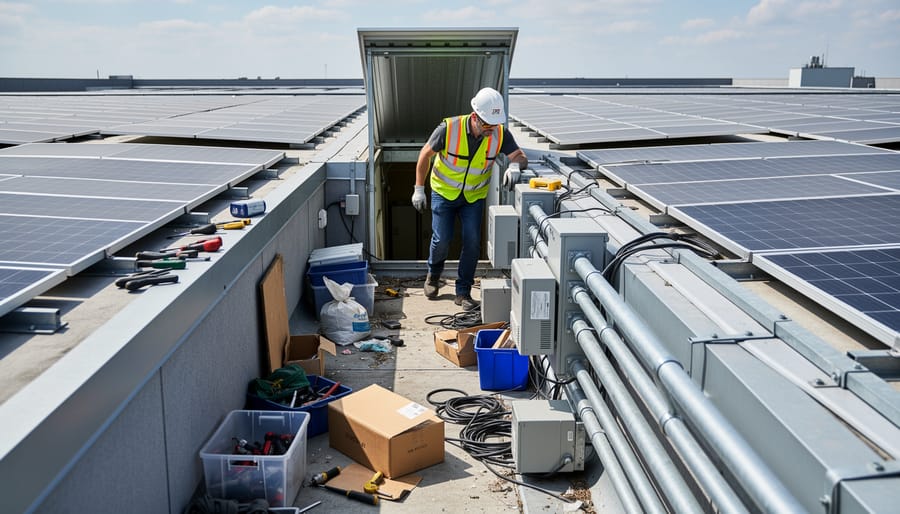 Solar technician in protective gear navigating a cluttered attic near roof access for solar equipment