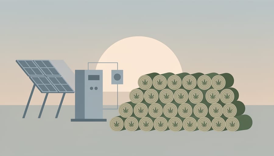 Stacked hemp biomass near solar-powered energy equipment