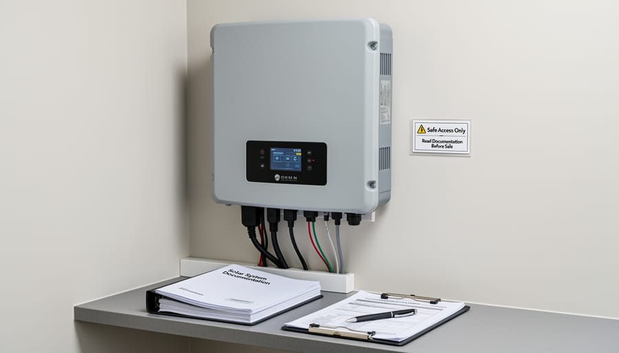 Technician’s gloved hands near a solar inverter and organized documentation sleeves in a utility area